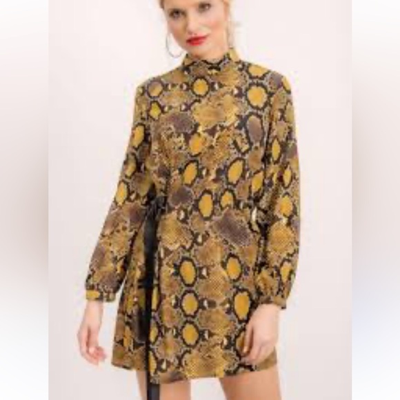 Zara Dresses & Skirts - ZARA SNAKESKIN ANIMAL PRINT LONG SLEEVE BELTED BLACK BROWN YELLOW DRESS SZ XS